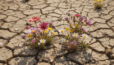 Colorful flowers bloom amidst a cracked ground, symbolizing survival and beauty in a drought-affected area.の素材