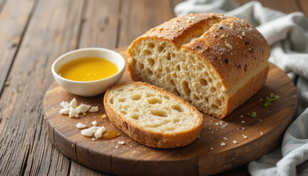 Sliced bread accompanied by a bowl of golden olive oil sits on a rustic wooden board, ready for enjoyment.の素材