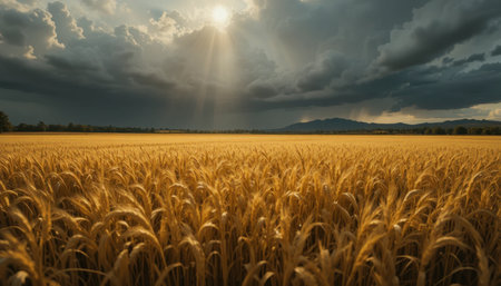 Wheat field stretches across the landscape as sunlight pierces through dark clouds above, creating a stunning contrast.の素材