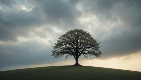 A solitary tree rises on a grassy hill as dark clouds gather around it, capturing the essence of tranquility at dusk.の素材