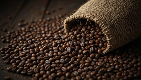 Roasted coffee beans cascade from a burlap sack, creating a rich aroma in a cozy setting during early morning hours.の素材