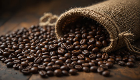 Fresh coffee beans are scattered across a wooden table, with a burlap sack tipped over, creating a warm atmosphere.の素材