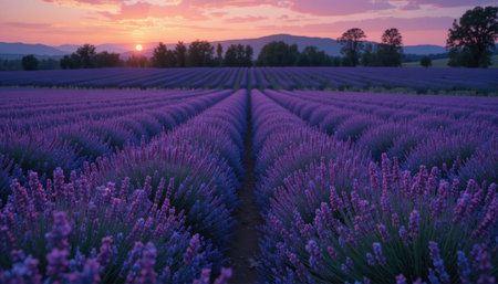 Lavender blossoms stretch across fields under a colorful sunset sky, creating a tranquil atmosphere in nature.の素材