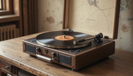 A turntable spins a vinyl record on a wooden table in a warmly lit room filled with vintage charm.の素材