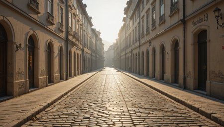 A tranquil cobblestone street is bathed in soft morning light, highlighting the historic buildings on either side.の素材