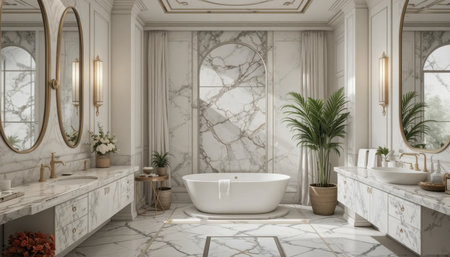 Stylish bathroom showcases marble surfaces, large mirrors, and greenery, creating a serene and inviting space.の素材