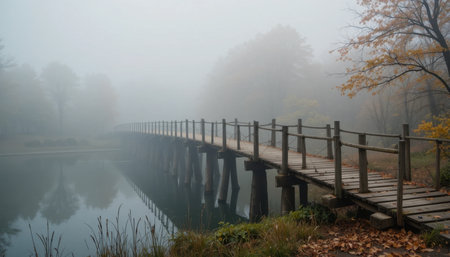 A wooden bridge crosses a still body of water in a foggy setting, surrounded by autumn trees and muted colors.の素材