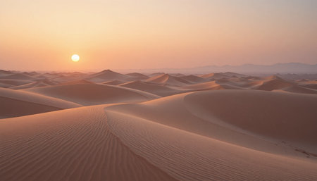 Warm light of sunset illuminates endless sand dunes across the serene desert landscape, creating a peaceful atmosphere.の素材