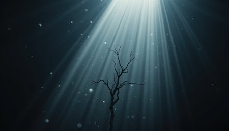 A solitary tree stands in darkness, highlighted by beams of light pouring down from above, creating a serene atmosphere.の素材