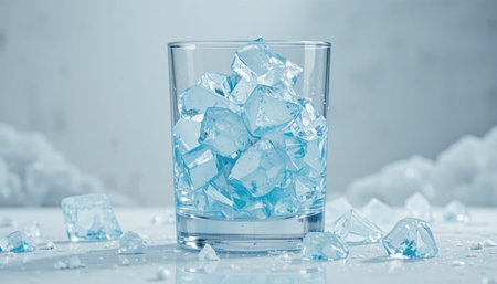 A glass filled with sparkling blue ice cubes sits on a chilly surface, surrounded by small ice shards.の素材