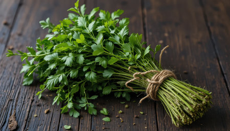 Bright green parsley is tied together with twine, resting on a rustic wooden surface, showing its freshness.の素材