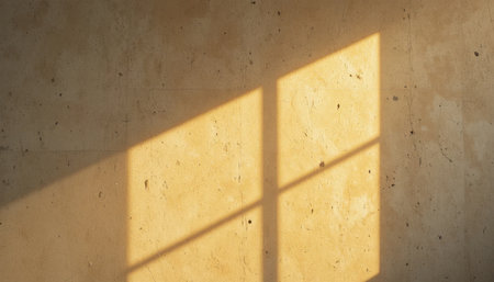 Sunlight creates a warm glow as it filters through a window, illuminating a textured wall in a serene space.の素材