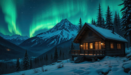 Cozy cabin nestled in a snowy valley illuminated by the dazzling colors of the northern lights at night.の素材