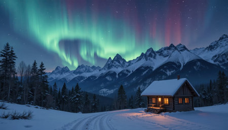 Bright auroras dance in the night sky above a warm cabin surrounded by snowy mountains, creating a magical scene.の素材