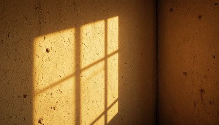 Sunlight streams through a window, casting a warm grid of light on a textured wall in a serene space.の素材