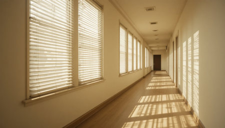 Bright sunlight shines through window blinds, casting long shadows on a serene hallway with wooden flooring.の素材