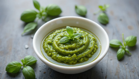 Creamy basil pesto swirls elegantly in a bowl surrounded by fresh basil leaves on a wooden surface.の素材
