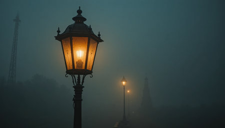 Warm light illuminates a foggy street, revealing old-fashioned lamps and a sense of calm in the evening air.の素材