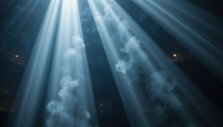 Bright light beams penetrate smoky air, creating a captivating atmosphere in a dimly lit space.の素材