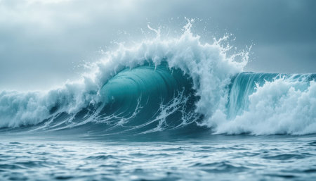 A striking ocean wave breaks with great force, sending white spray into the air as clouds hover above.の素材