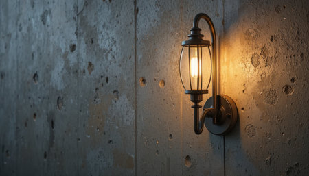 A vintage lantern casts a warm glow on a rough concrete wall, creating a cozy atmosphere in the space.の素材