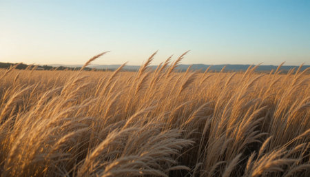 Tall golden grass dances softly in the wind as the sun sets over the tranquil landscape, creating a peaceful scene.の素材