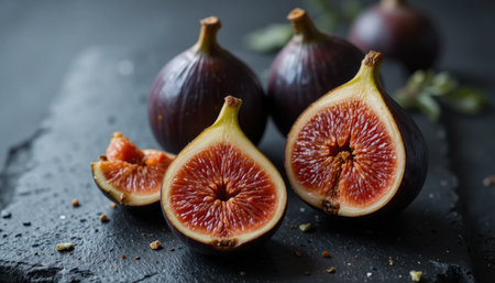 Fresh figs are displayed on a dark slate surface, showing their unique texture and color.の素材