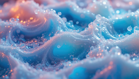 Waves roll gently with bubbles, creating vibrant colors at dusk, reflecting soft light on the water's surface.の素材