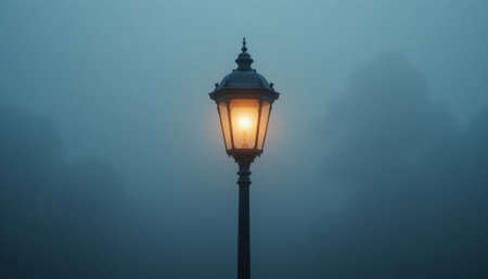 A street lamp shines brightly through thick fog, creating a warm glow in a quiet urban area at night.の素材