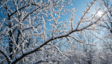 Frosty tree branches are illuminated by sunlight on a clear winter day, creating a sparkling scene.の素材