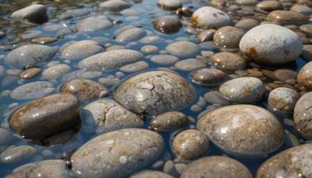 Smooth stones of various sizes create a unique pattern beneath clear water, illuminated by bright sunlightの素材