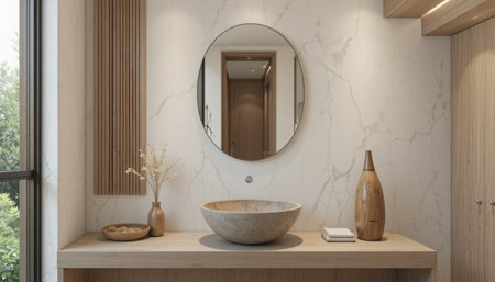 This tranquil bathroom features a stone basin, round mirror, and wood accents for a calming vibe.の素材