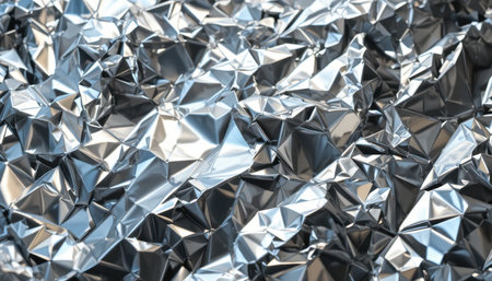 A detailed view of crumpled metallic material showing unique reflections and light patterns.の素材