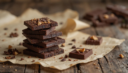 Chocolate bars stacked on a rustic surface with crushed nuts and chocolate pieces scattered around.の素材