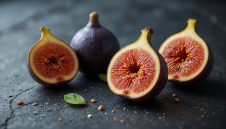 Ripe figs are arranged on a dark stone background, with two halves revealing their rich, pink insides and seeds.の素材