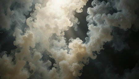 Soft, swirling clouds of mist intertwine, filling a dark space with an otherworldly ambiance and texture.の素材