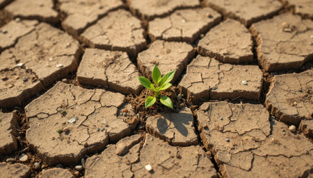 A small green plant emerges from the parched, cracked soil, showing nature's resilience despite dryness.の素材