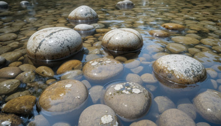 Smooth, round stones rest in clear water, reflecting light amidst a calm natural setting along a riverbank.の素材