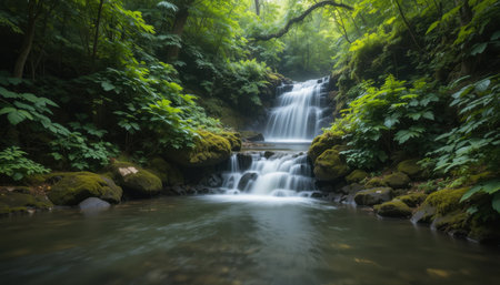 Gentle water flows over rocks amidst vibrant green foliage, creating a peaceful natural scene in the forest.の素材