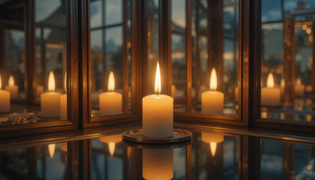 Warm candlelight creates a peaceful atmosphere, reflecting beautifully in surrounding mirrors at dusk.の素材
