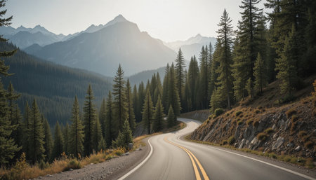 Curved road meanders through tall pine trees and majestic mountains at sunset, creating a peaceful scene.の素材
