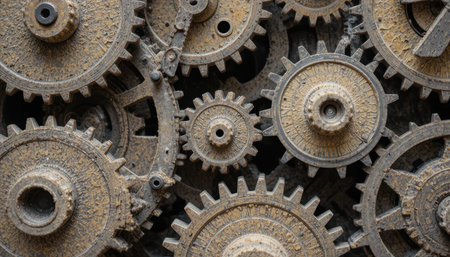 Close view of various rusty gears interlocked together, highlighting their weathered surfaces and mechanical details.の素材