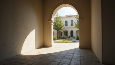 A peaceful courtyard is visible through an archway, showing green trees and a well-maintained garden.の素材