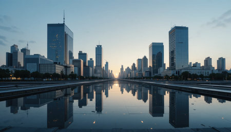 Tall buildings create a stunning reflection in the still water at dawn, casting silhouettes against the brightening sky.の素材