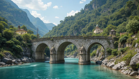 A stunning stone bridge crosses turquoise waters, set against a backdrop of mountains and vibrant greenery.の素材
