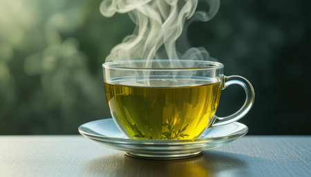 Hot herbal tea in a clear cup with steam rising, placed gently on a wooden surface.の素材