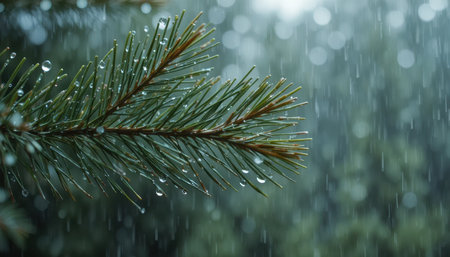 Water droplets gather on a pine branch as rain falls, showing the beauty of nature during a storm.の素材