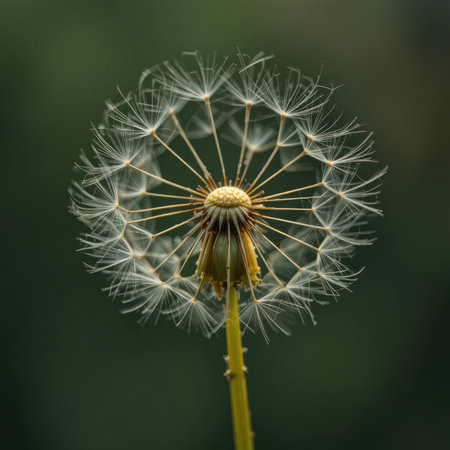 Delicate dandelion seed head stands tall with soft sunlight enhancing its features in a calming green backdrop.の素材