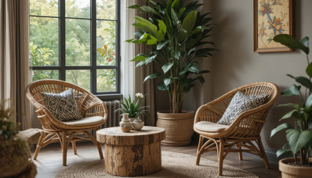 A bright living room featuring rattan chairs, a round wooden table, and a lush indoor plant by the window.の素材