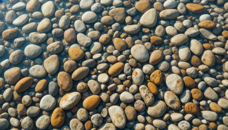 Brightly colored pebbles rest under clear water, revealing diverse shapes and textures at a serene location.の素材